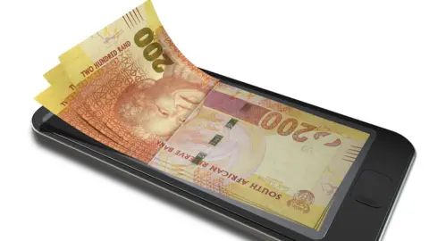 Getty Images South African rand on a mobile phone