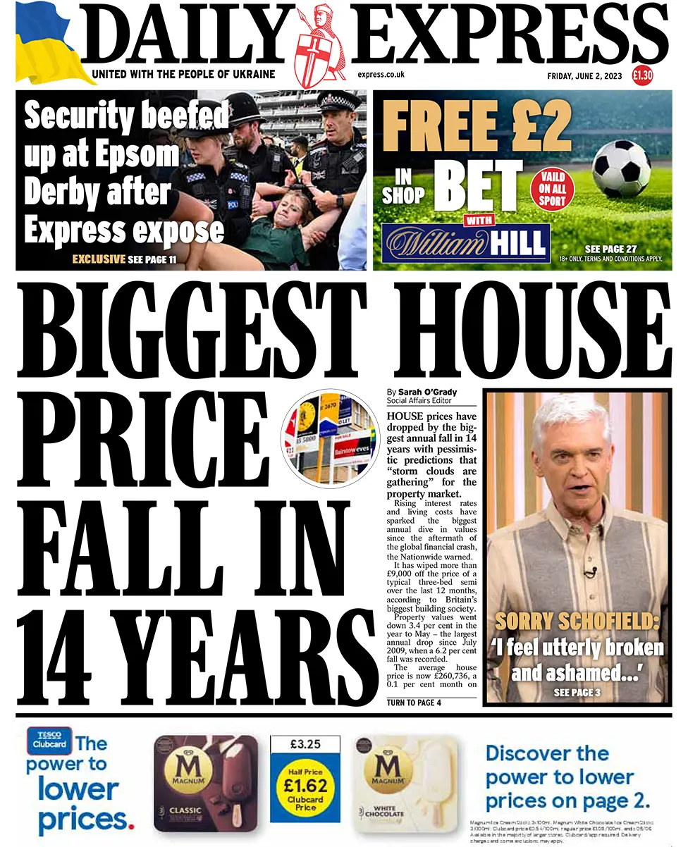 The headline in the Express reads: "Biggest house price fall in 14 years"