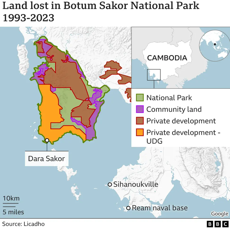 A map showing land lost in Botum Sakor National Park