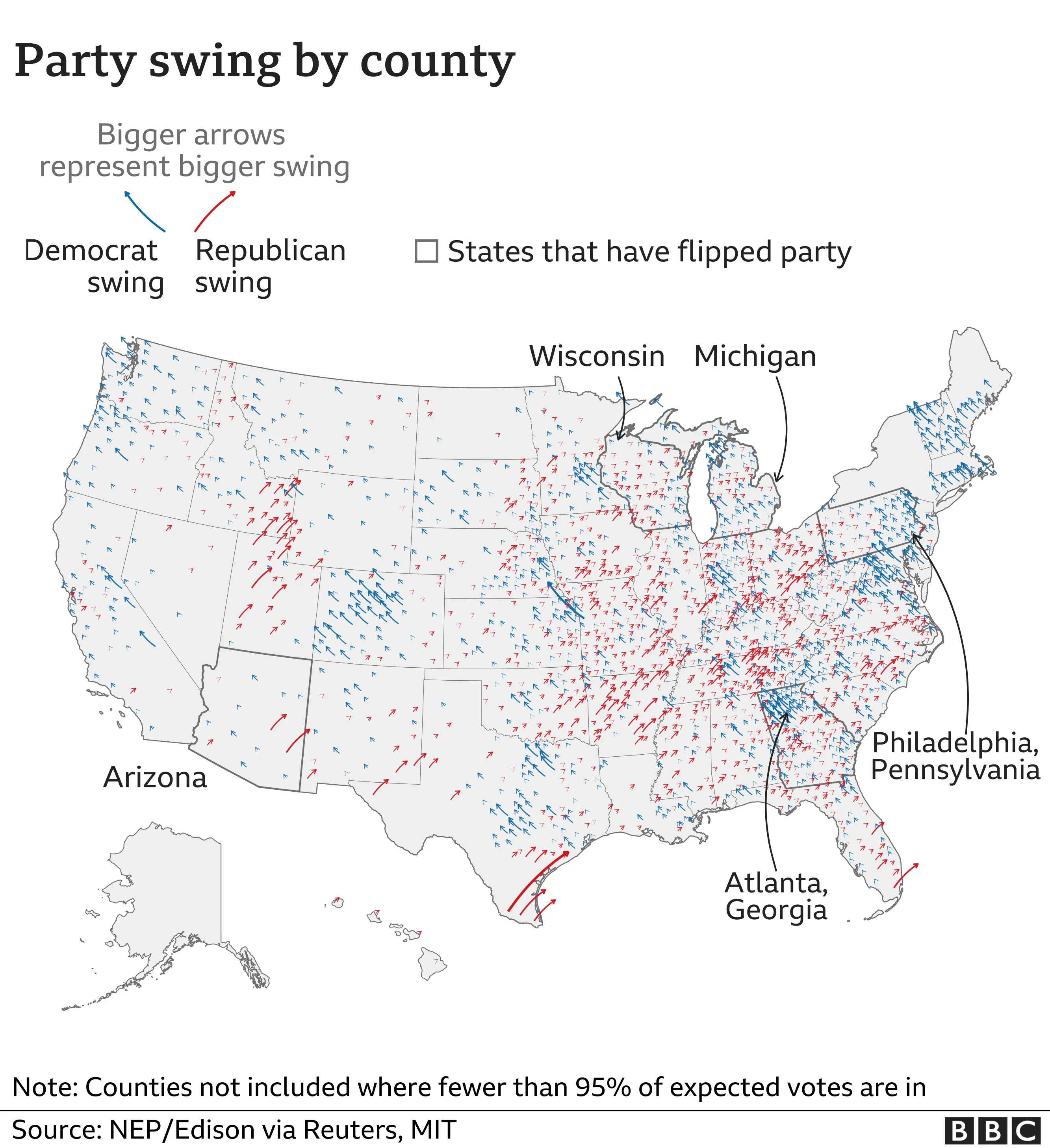 Share change by county - Trump increased his lead in states where he already had a lot of support