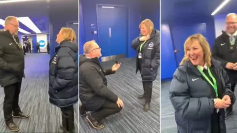 BBC Malcolm Bashford got down on one knee to propose to Candice Konig at the Amex Stadium