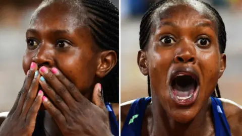 AFP A composite image of an athlete reacting in disbelief to winning a race.