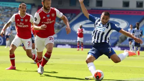 Getty Images Neal Maupay kicking the ball for Brighton against Arsenal in a 2020 match played without spectators