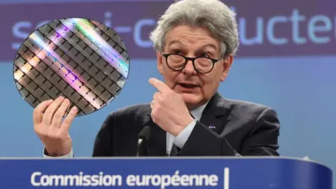 Getty Images European Commissioner for Internal Market Thierry Breton speaks during a meeting on the Chips Act at EU headquarters in Brussels,on February 8, 2022