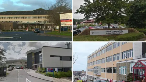 JOHN LUCAS/GEOGRAPH/GOOGLE (clockwise from left): Withybush, Prince Philip, Bronglais, and Glangwili hospitals