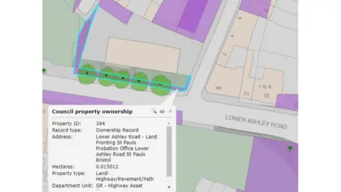 Bristol City Council Map showing a strip of land owned by Bristol City Council marked in blue