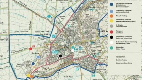 Mendip District Council. a map of glastonbury showing the locations of new developments