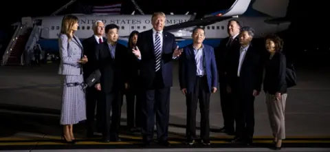 EPA US President Donald Trump with US prisoners released by North Korea (10 May 2018)