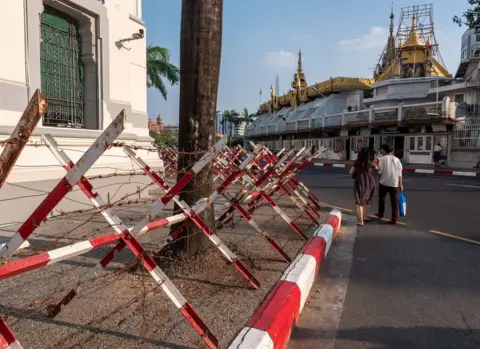 Barricades on a road in Myanmar