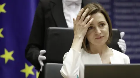 EPA Moldovan President Maia Sandu reacts after addressing a plenary session of the European Parliament in Brussels, Belgium, 18 May 2022