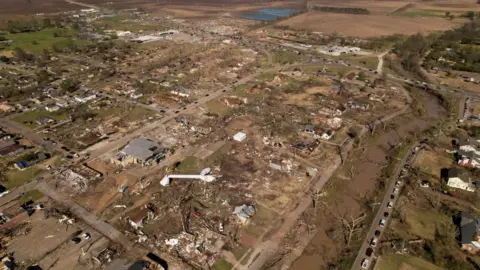 Reuters An aerial view of Rolling Fork, which was devastated by a tornado, 25 March