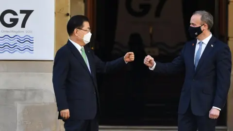Reuters Britain"s Foreign Secretary Dominic Raab welcomes South Korea"s Foreign minister Chung Eui-yong at the G7 foreign ministers meeting in London, Britain