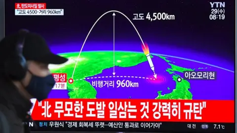 Getty Images A television screen in Seoul, South Korea, shows a graphic of a North Korean inter-continental missile test in November 2017