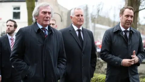 PA Retired goalkeepers (left to right) Pat Jennings, Ray Clemence and David Seaman