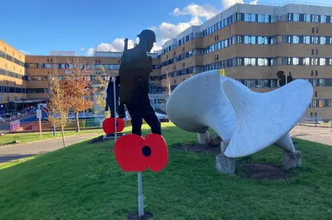 Nottingham University Hospitals Silhouette of a soldier and poppy outside Queen's Medical Centre