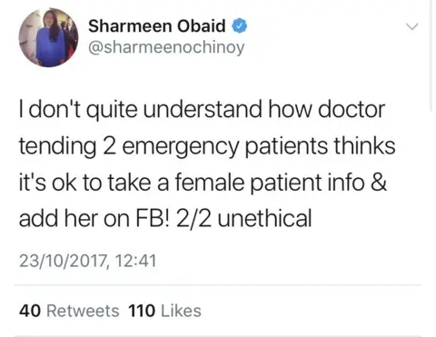 Sharmeen Obaid / Twitter Tweet by Sharmeen Obaid: "I don't quite understand how doctor tending tow emergency patients thinks it's OK to take a female patient info and add her on Facebook! Unethical.