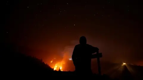 Reuters A person looks on as a forest fire burns in Tijarafe on the island of La Palma, Spain