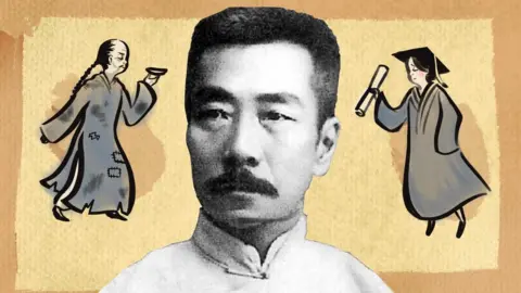 BBC An illustration featuring Lu Xun, Kong Yiji and a young graduate