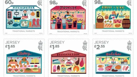 Jersey Post / Lauren Radley Six stamps based on St Helier markets