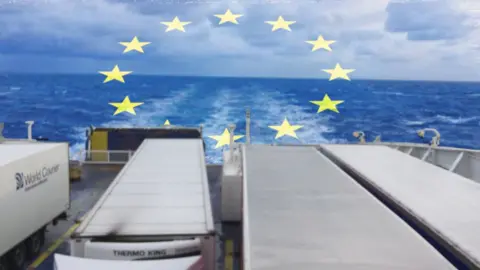 BBC Lorries parked on deck of a Stena Line ferry to Dublin from Holyhead, with an EU flag imposed in the background