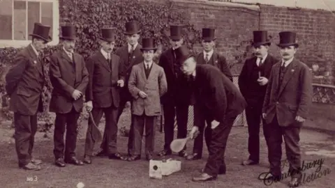 Canterbury & District Bat & Trap League Bat and trap players at the Dolphin pub in Canterbury in the 1930s
