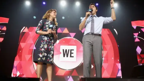 Getty Images for We Day Sophie Gregoire Trudeau and Prime Minister Justin Trudeau appear at a WE Day UN event in New York in 2017