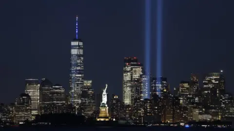 Getty Images The Tribute in Light was illuminated after sunset.
