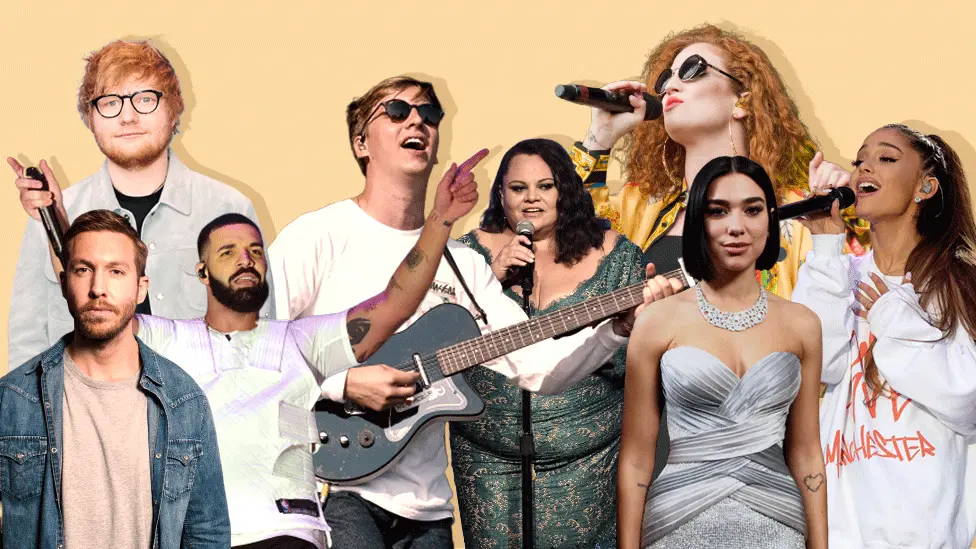 BBC Left-right: Calvin Harris, Ed Sheeran, Drake, George Ezra, Keala Settle, Jess Glynne, Dua Lipa and Ariana Grande