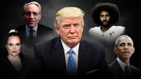 BBC/Getty Images Illustration of Donald Trump with Meghan McCain, Bob Woodward, Colin Kaepernick and Barack Obama