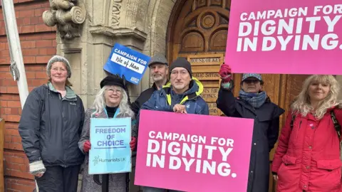 Dignity in Dying campaigners outside the Tynwald buildings