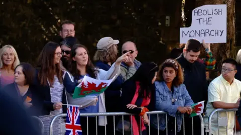 A crowd with one man holding a 'Abolish the monarchy' sign