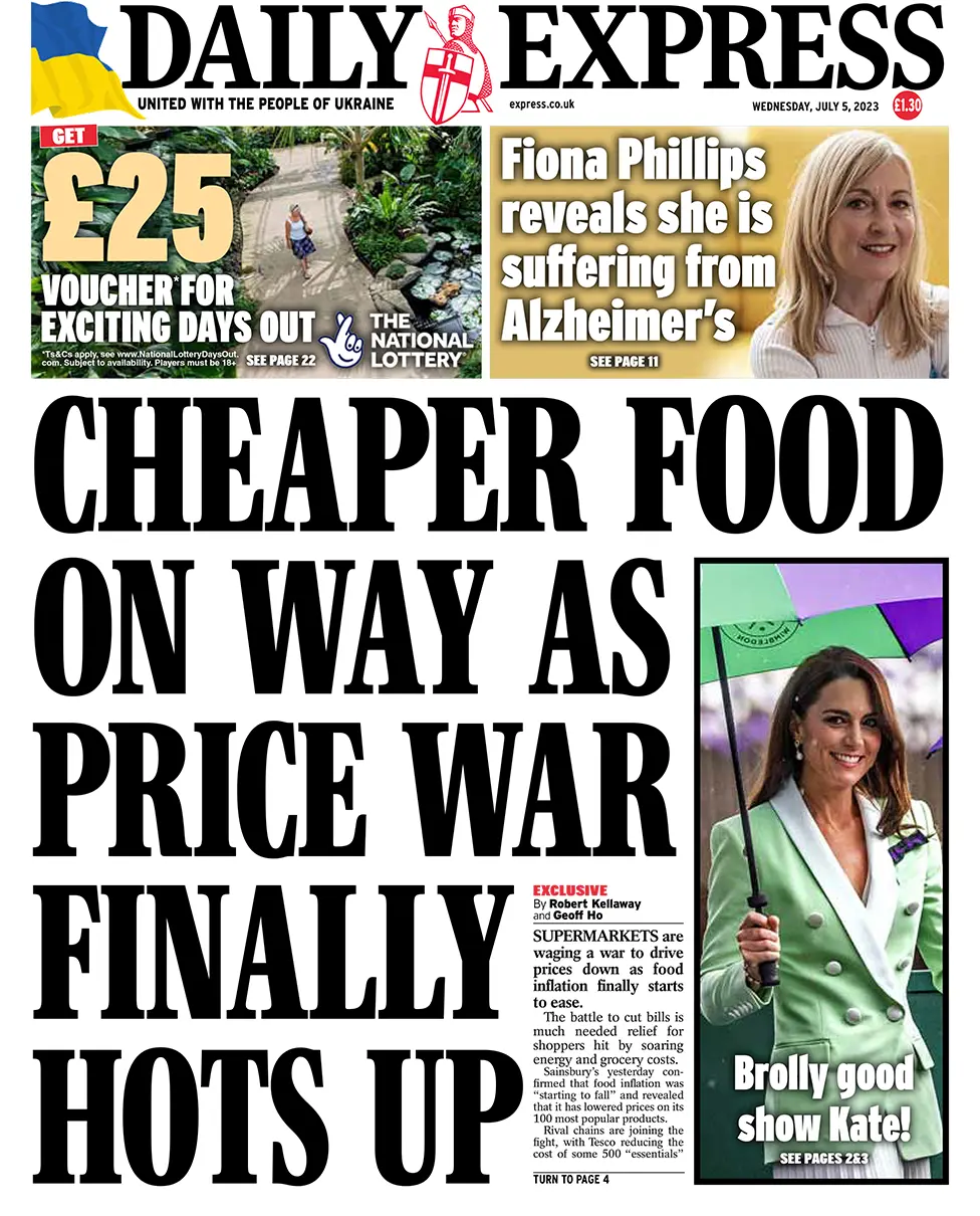The headline on the front page of the Daily Express reads: "Cheaper food on way as price war finally hots up"