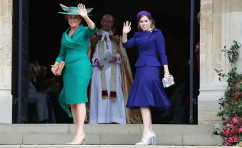 PA Sarah Ferguson and Princess Beatrice arrives for the wedding of Princess Eugenie to Jack Brooksbank at St George"s Chapel in Windsor Castle