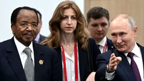 Getty Images Russian President Vladimir Putin with Cameroon President Paul Biya at the second Russia-Africa summit in St Petersburg, 28 July 2023