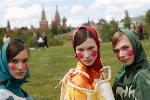 Getty Images Models wear Sergey Sysoev Fashion School's creation for the Moscow Fashion Week in Zaryadye Park in Moscow, Russia on June 22, 2022.