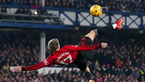 Alejandro Garnacho scoring a goal against Everton