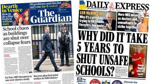 A compilation of the Guardian and Daily Express' front pages