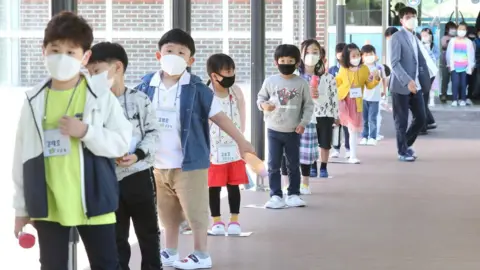 EPA Students line up at a school in South Korea
