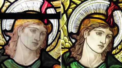 A side by side image of a man in glass artwork. On the left, the glass is faded and it is far more vivid on the right.