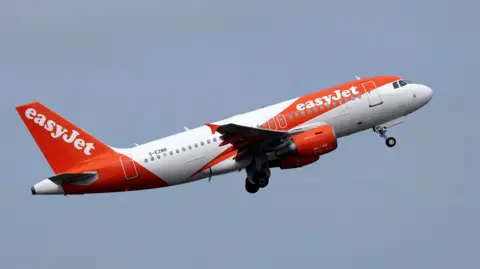 File pic of EasyJet plane wioht its tangerine and white livery in flight.