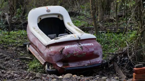 An Alton Towers log flume boat in woodland that had been washed down the River Sheaf in Sheffield during flooding.