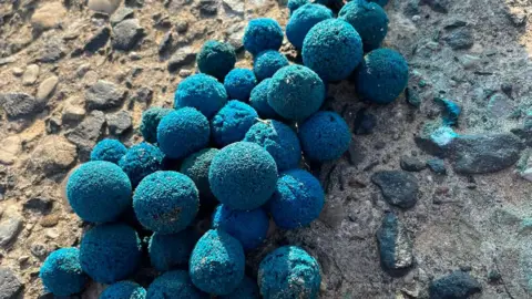 A pile of bright blue foamy balls have been piled on a gravelly beach. The balls vary in size with some showing signs of decay.