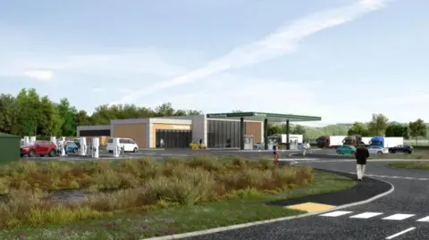 An artists impression of the services with cars at charging units and lorries parked in the background.