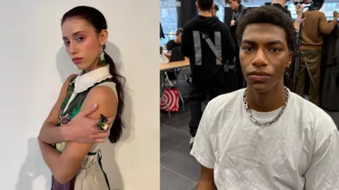 Georgia Sullivan A composite image showing two models who have had make up on their face. The woman, on the left, wears a multi-coloured dress and has long brown hair. The man, on the right, wears a white t-shirt, silver chain necklace and has short black afro hair.