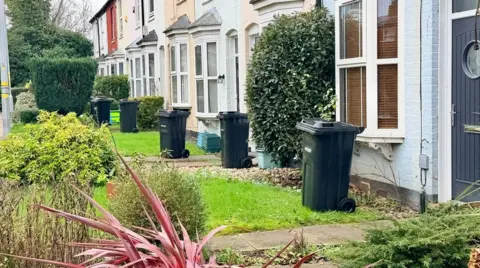 Gabriel Bononi A row of different coloured terraced houses with small, green gardens in fron of them. Black wheelie bins have been placed on the gardens.