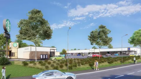 A computer generated image of the proposed retail development in Silksworth set to house an M&S Foodhall, Aldi supermarket and Starbucks drive-thru. The M&S and Aldi unit is a one-storey building with white cladding and a car park in front of it. At the opposite end of the car park from the shops is a small single-storey building with wood cladding housing a Starbucks drive-thru.