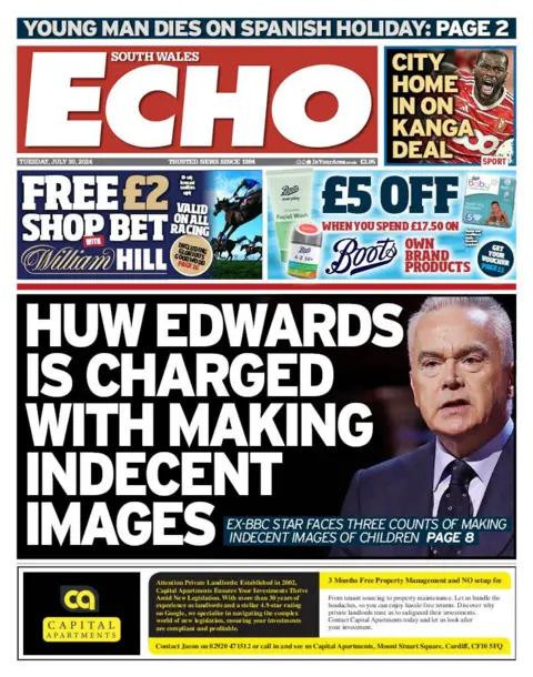 South Wales Echo Front page of the South Wales Echo