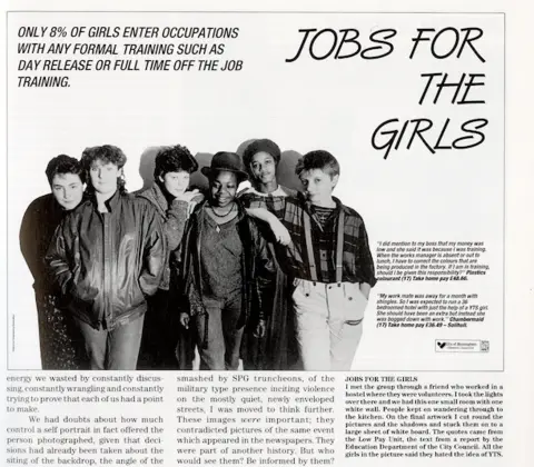 Rhonda Wilson Community Archive/The Old Print Works A black and white image of a group of girls. The headline on the article is Jobs for the Girls. 