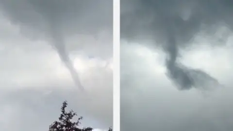 Two images of a funnel cloud in a grey sky.