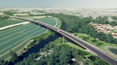 Shropshire Council Computer generated image of the single-carriageway north west relief road over the River Severn, with farmland to the left, and trees and housing to the right
